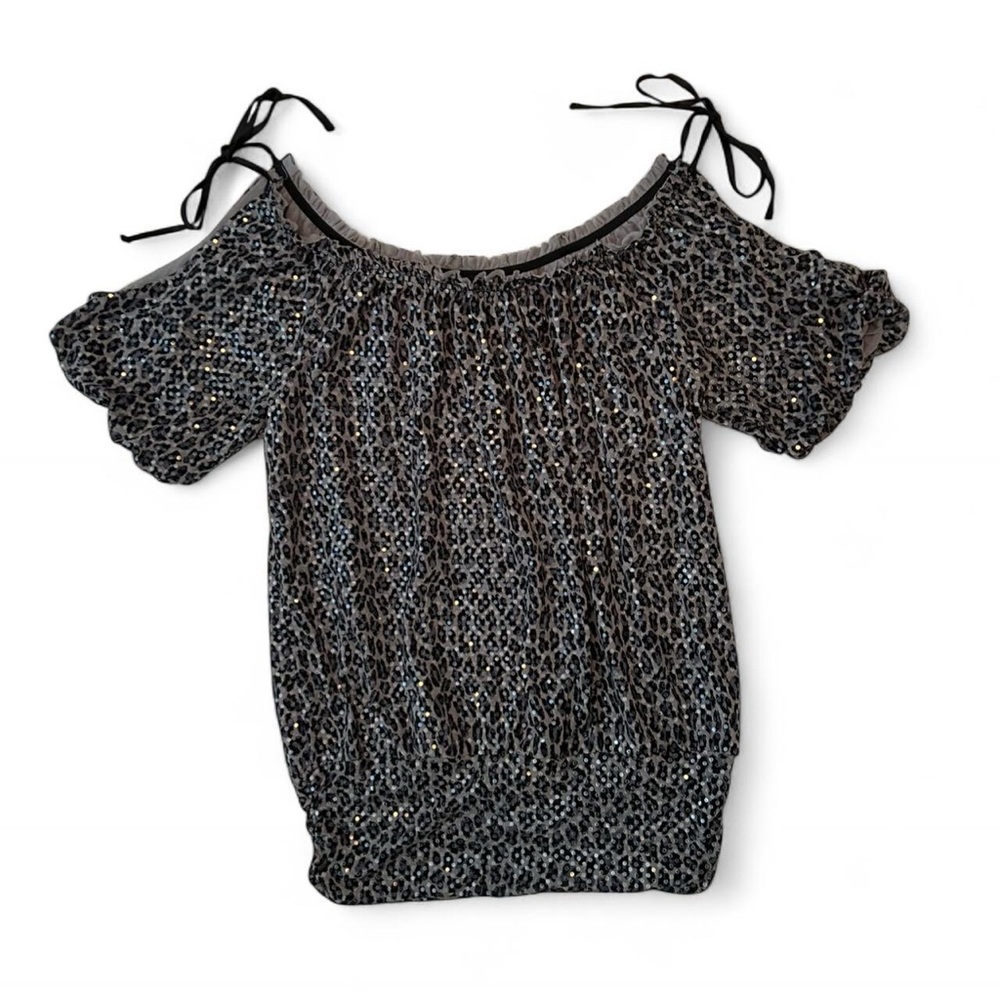 2000s y2k Express womens sequin cheetah print top with tie open shoulder- Size M